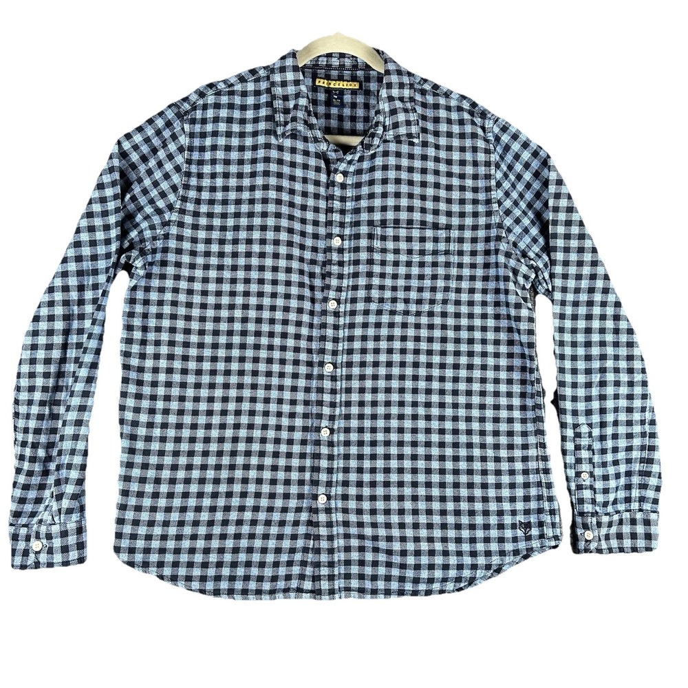 Prince & Fox Men XL Blue Black Plaid Flannel Long Sleeve Button Up Shirt Utility